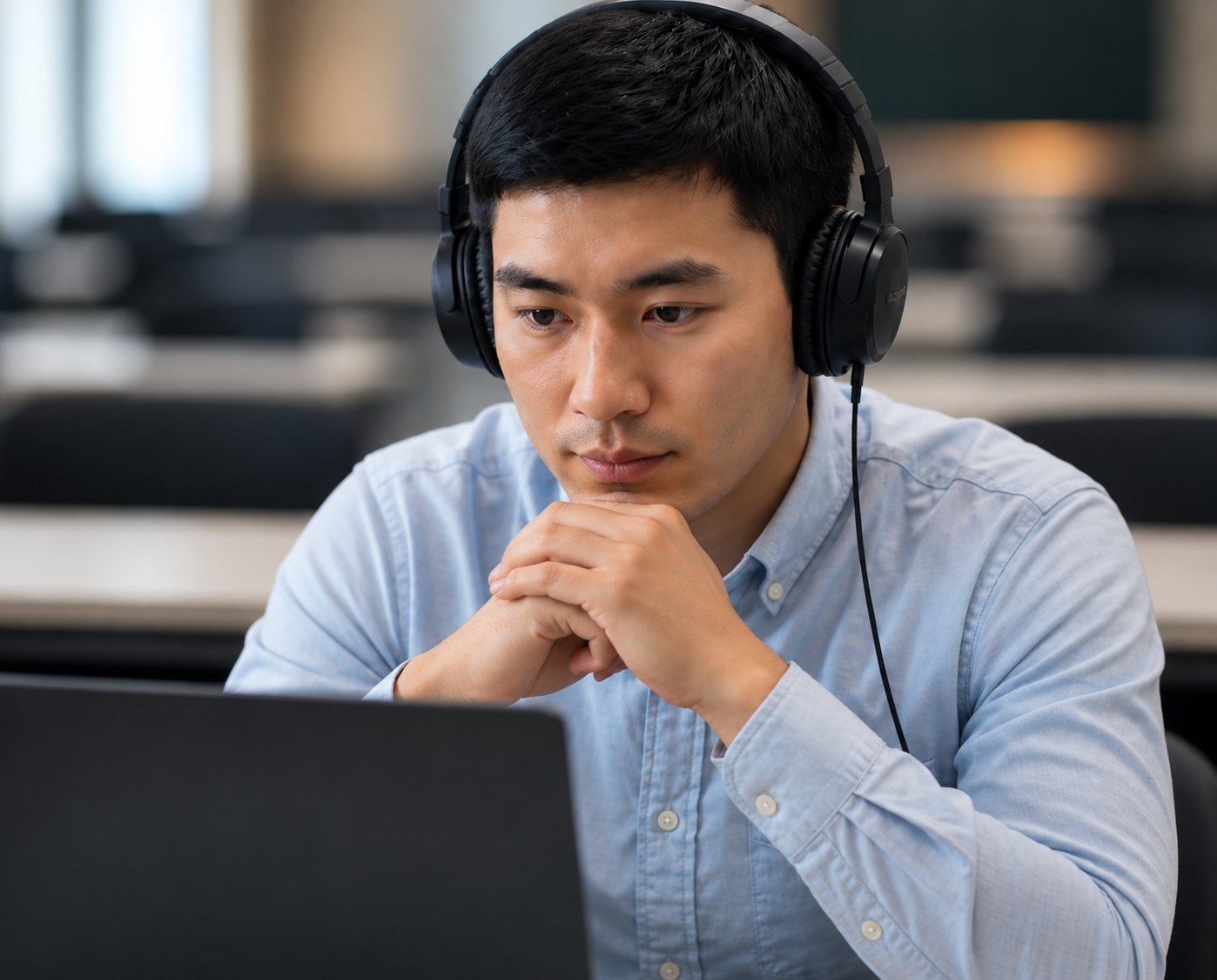 A young man wearing headphones concentrates on a laptop screen in a quiet study room